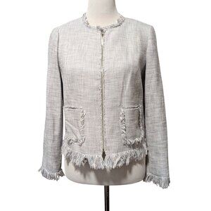 Rebecca Taylor Womens Sz 8 Gray Zip Front Fray Trim Pockets Slub Jacket Blazer